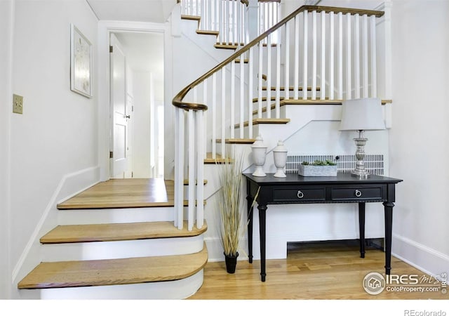 stairway with wood-type flooring