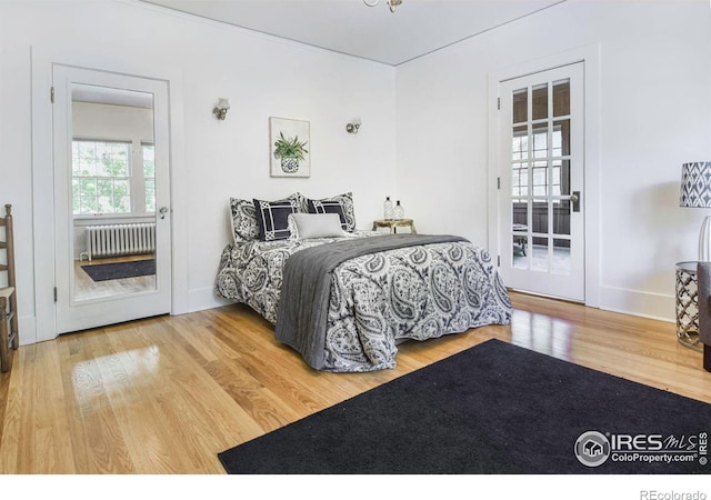 bedroom featuring light wood-type flooring, radiator, and access to outside