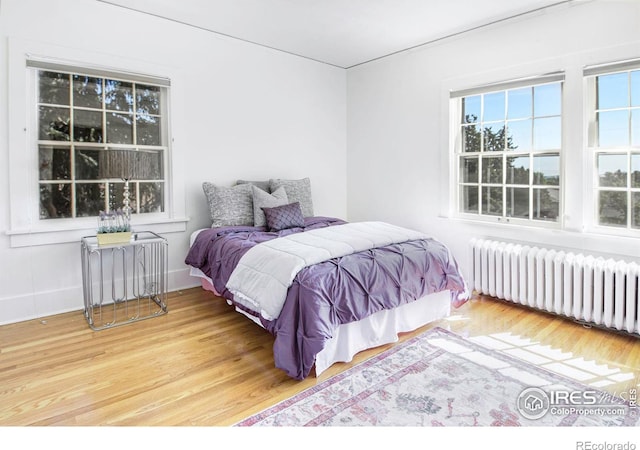 bedroom featuring radiator and hardwood / wood-style floors