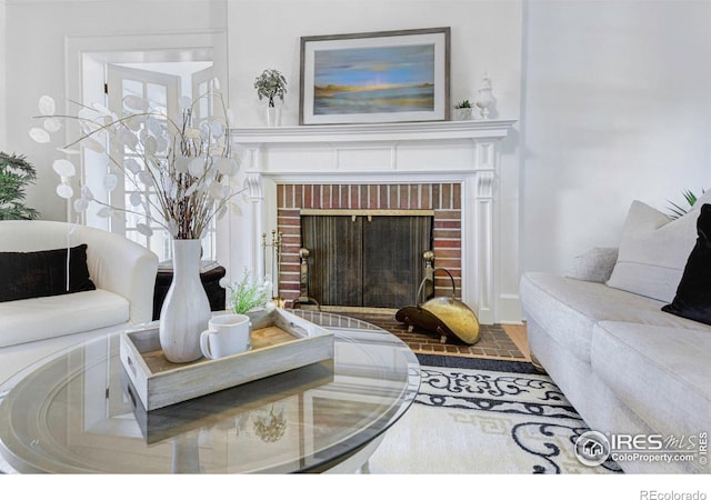 living room with a fireplace