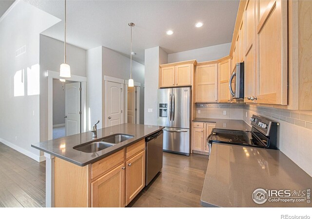 kitchen featuring hardwood / wood-style floors, stainless steel appliances, sink, an island with sink, and pendant lighting