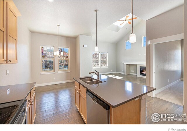 kitchen featuring ceiling fan with notable chandelier, a center island with sink, stainless steel dishwasher, sink, and lofted ceiling