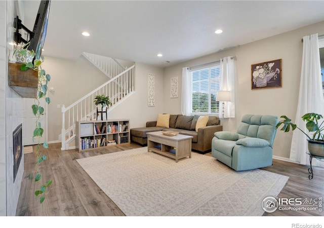 living room featuring a large fireplace and light hardwood / wood-style flooring