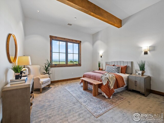 carpeted bedroom with beam ceiling, visible vents, and baseboards