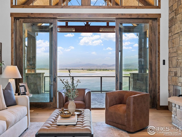 living area featuring a mountain view and wood finished floors