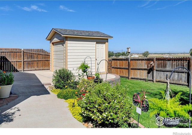 view of yard featuring a patio area and a storage unit