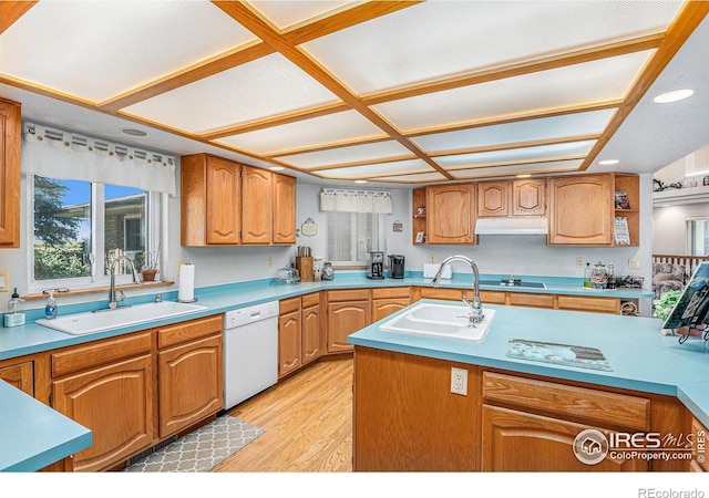 kitchen with light hardwood / wood-style flooring, coffered ceiling, dishwasher, and sink