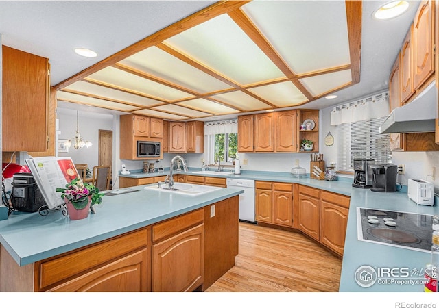 kitchen with an inviting chandelier, dishwasher, light hardwood / wood-style floors, sink, and stainless steel microwave