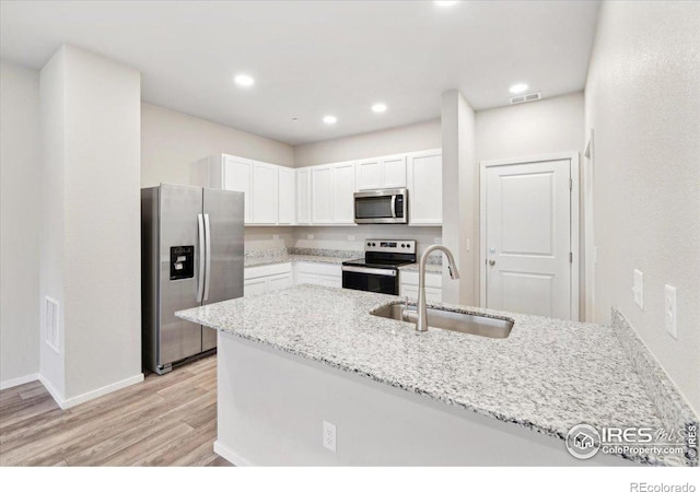 kitchen with a sink, light stone counters, visible vents, white cabinets, and appliances with stainless steel finishes
