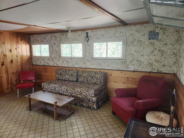 living area featuring wood walls