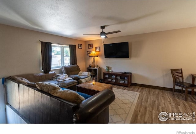 living room with wood-type flooring, a textured ceiling, and ceiling fan