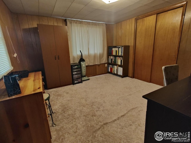 carpeted office space with wood walls