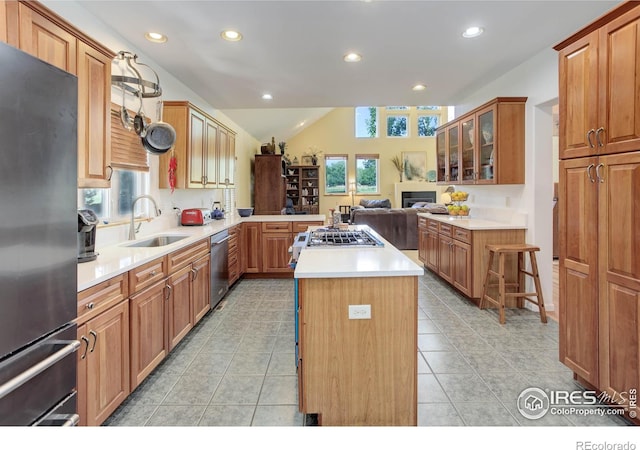 kitchen featuring a sink, appliances with stainless steel finishes, a wealth of natural light, and a center island