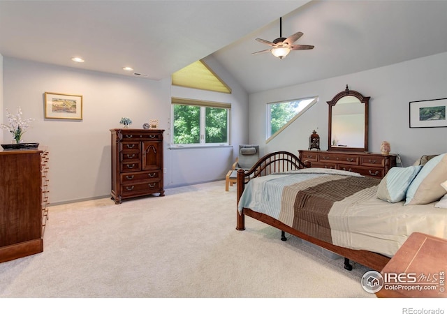 carpeted bedroom featuring recessed lighting, baseboards, lofted ceiling, and a ceiling fan