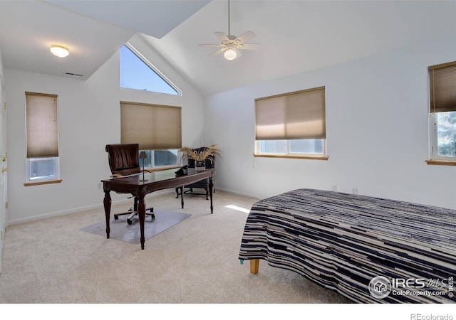 bedroom featuring visible vents, baseboards, carpet, and high vaulted ceiling