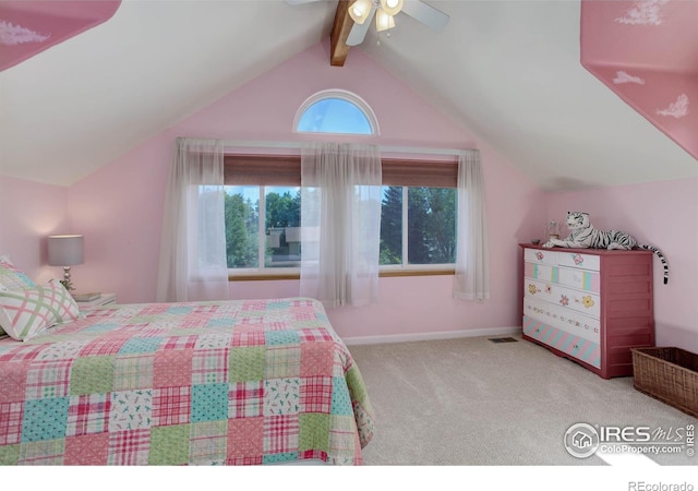 bedroom with visible vents, lofted ceiling with beams, carpet, baseboards, and ceiling fan