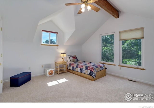 carpeted bedroom with lofted ceiling with beams, visible vents, baseboards, and a ceiling fan