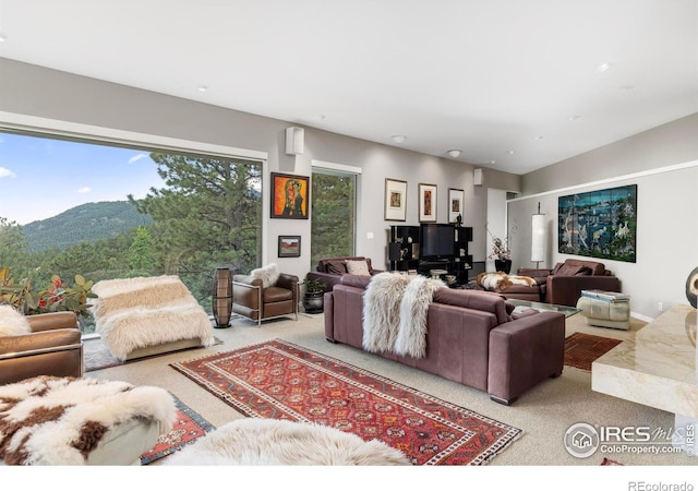 carpeted living room featuring a mountain view