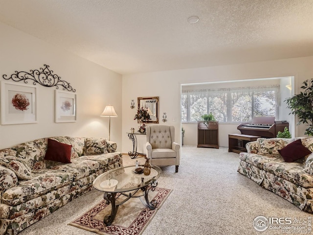 living room featuring a textured ceiling and carpet flooring