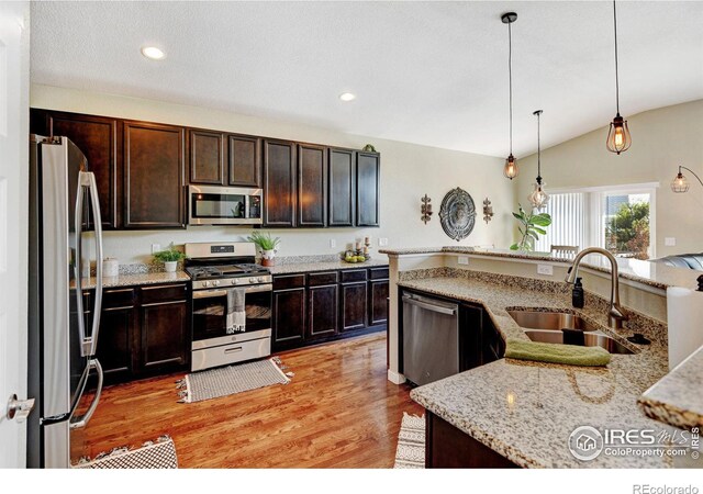 kitchen featuring light wood-type flooring, pendant lighting, stainless steel appliances, sink, and vaulted ceiling