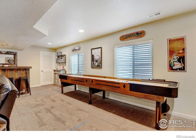 rec room with a textured ceiling and carpet floors