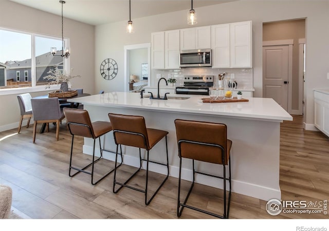 kitchen featuring white cabinets, stainless steel appliances, a kitchen island with sink, and sink