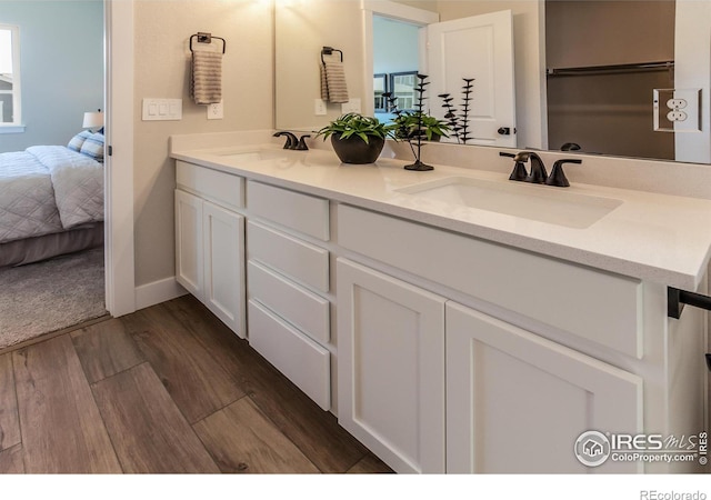 bathroom with vanity and hardwood / wood-style flooring