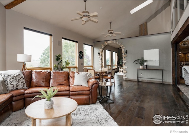 living room with ceiling fan, dark wood-type flooring, high vaulted ceiling, and a skylight