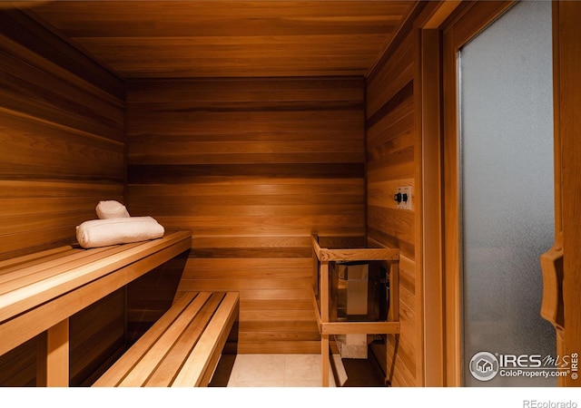 view of sauna with tile patterned flooring