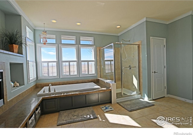 bathroom featuring shower with separate bathtub, tile patterned floors, and crown molding