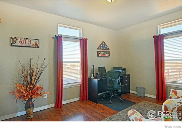 office space featuring a wealth of natural light and dark hardwood / wood-style floors