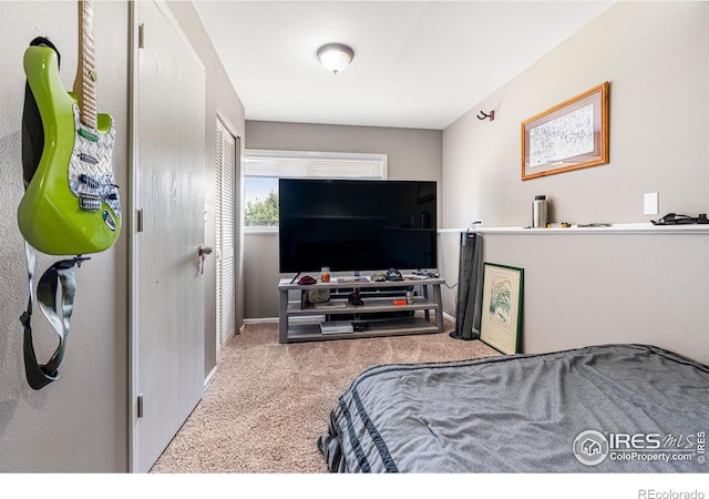 bedroom with light carpet