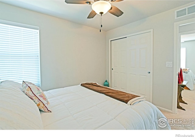 bedroom with a closet, multiple windows, and light carpet