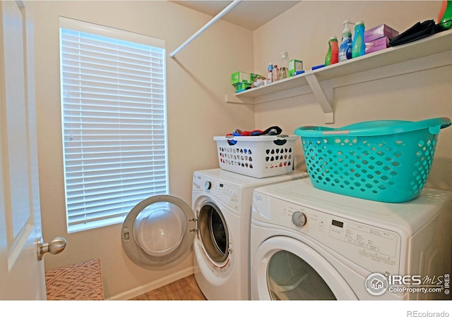 clothes washing area with separate washer and dryer and hardwood / wood-style flooring