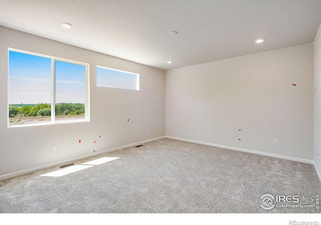 unfurnished room featuring light carpet