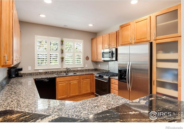 kitchen with dark stone countertops, stainless steel appliances, and sink