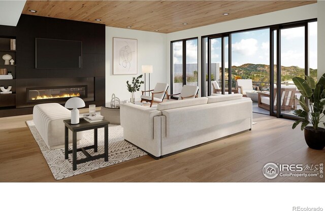 living room with a fireplace, wood ceiling, light hardwood / wood-style flooring, and a mountain view