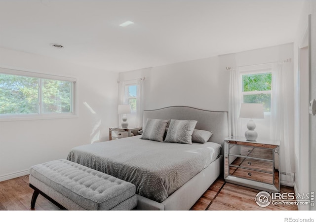 bedroom featuring multiple windows and light hardwood / wood-style floors