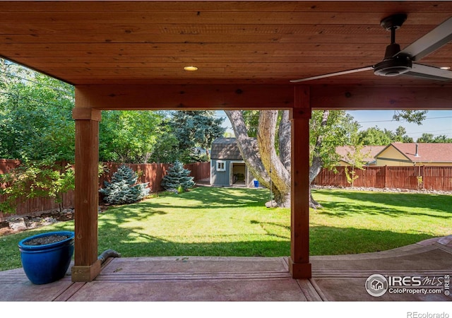 view of yard with ceiling fan, a storage shed, and a patio area