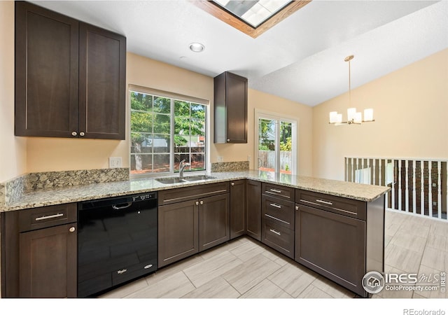 kitchen featuring a healthy amount of sunlight, kitchen peninsula, dishwasher, and sink