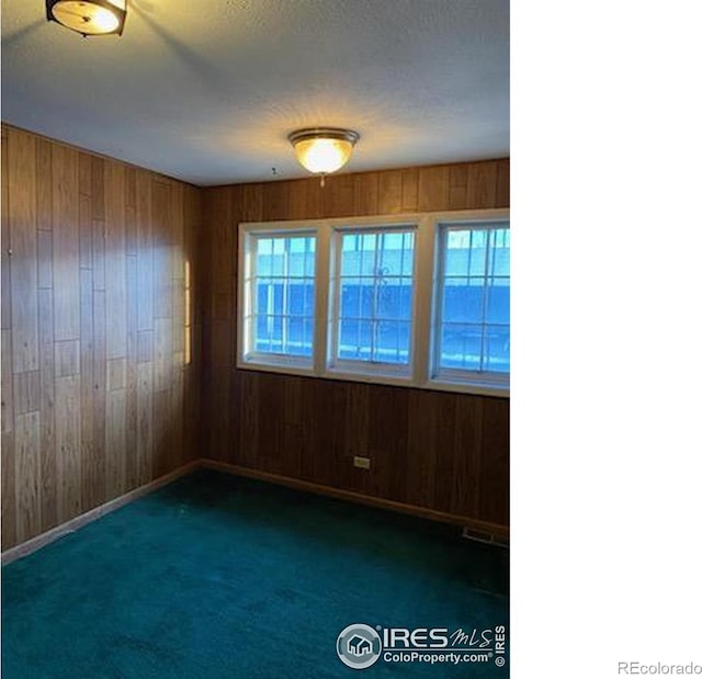 carpeted empty room with wood walls