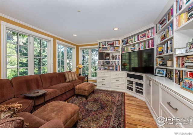 living room featuring crown molding and light hardwood / wood-style floors