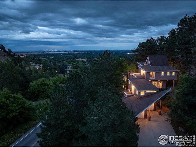 view of aerial view at dusk