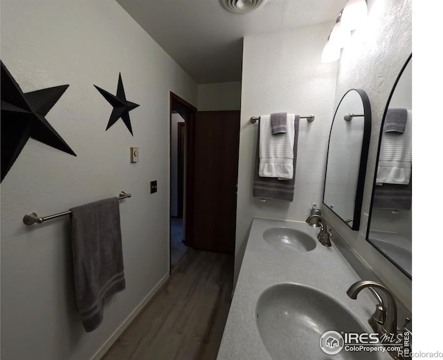 bathroom with vanity and wood-type flooring