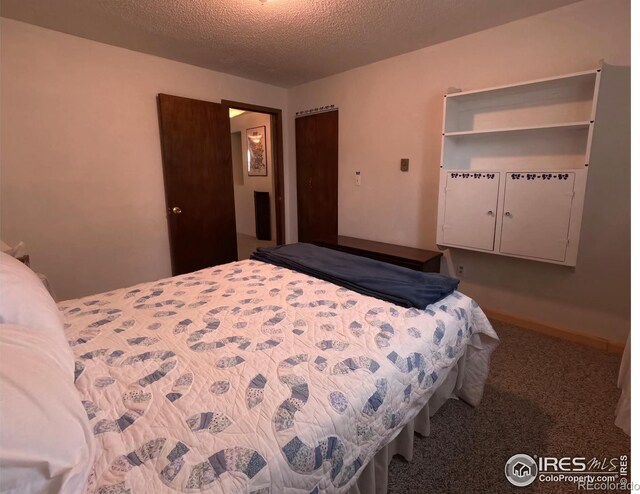 carpeted bedroom with a textured ceiling