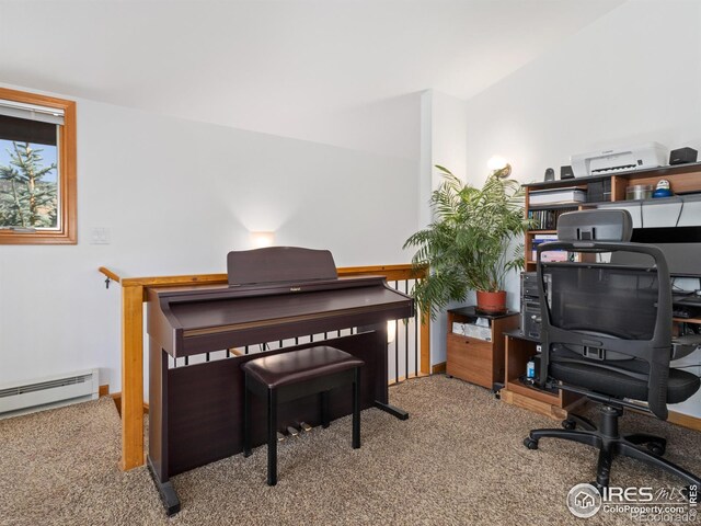 office area featuring a baseboard radiator and carpet