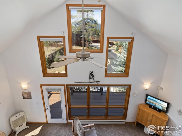 interior space featuring lofted ceiling and carpet