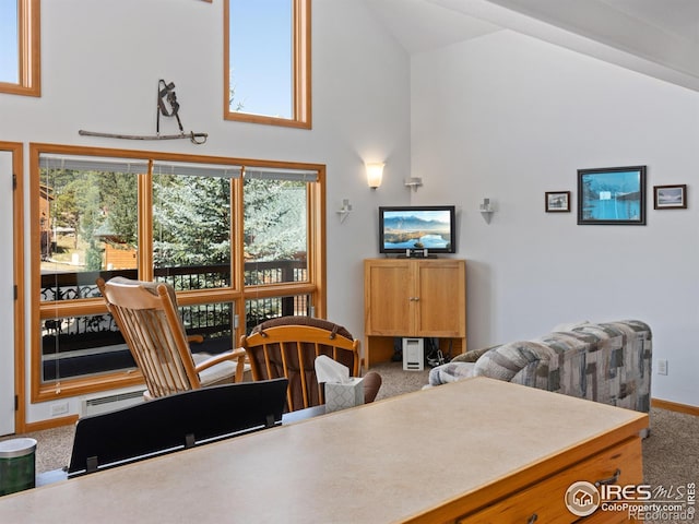 carpeted dining room with high vaulted ceiling