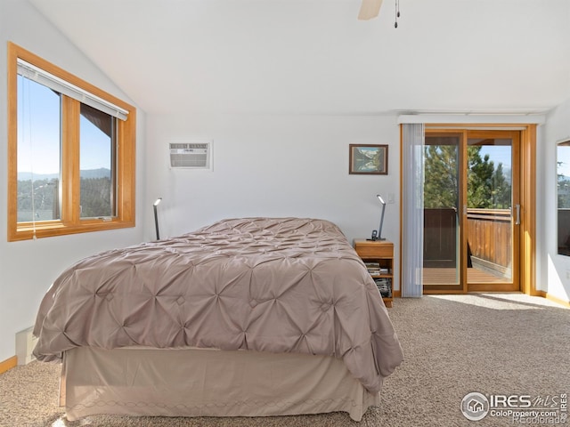 bedroom featuring a wall mounted AC, access to exterior, ceiling fan, carpet, and lofted ceiling