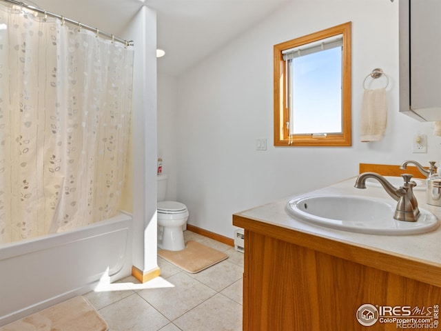 bathroom with toilet, a baseboard radiator, shower / tub combo with curtain, tile patterned flooring, and vanity